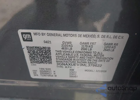 2021 Chevrolet Equinox Awd Lt from USA, damaged, VIN 3GNAXUEV3ML379622